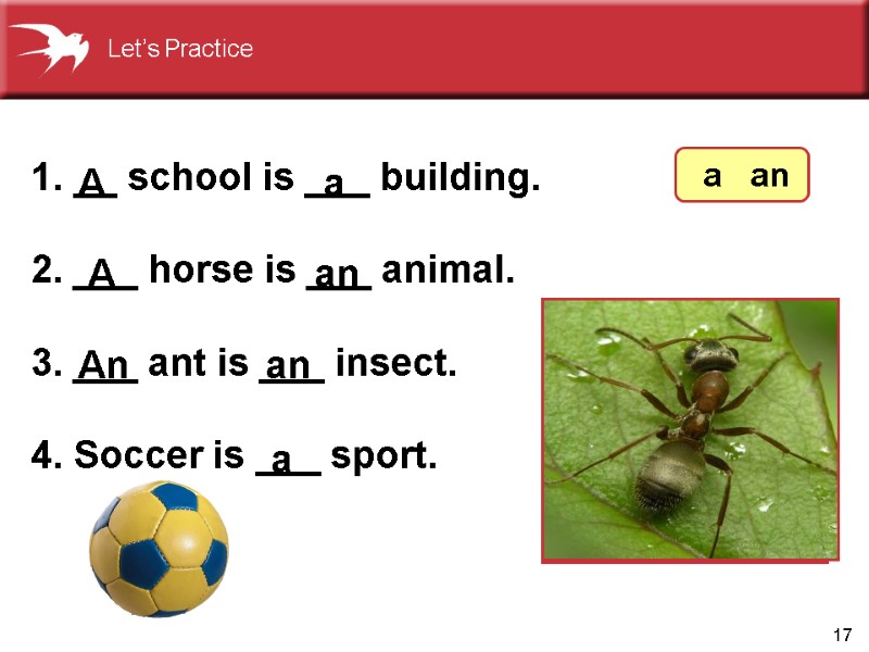 17  __ school is ___ building. 2. ___ horse is ___ animal. 3.